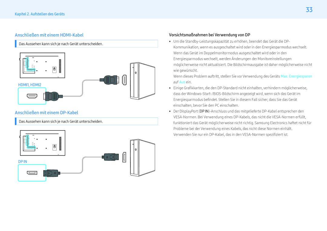 Samsung LH55PMFPBGC/EN, LH49PMFPBGC/EN, LH55PHFPMGC/EN Anschließen mit einem HDMI-Kabel, Anschließen mit einem DP-Kabel 