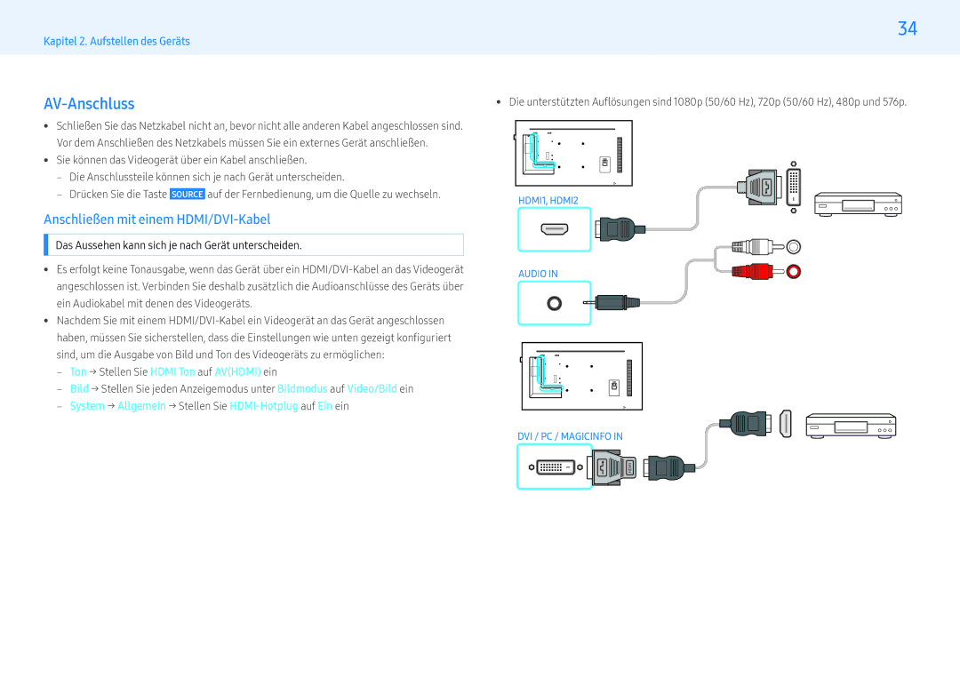 Samsung LH43PMFPBGC/EN, LH49PMFPBGC/EN manual AV-Anschluss, ‒‒ System → Allgemein → Stellen Sie HDMI-Hotplug auf Ein ein 