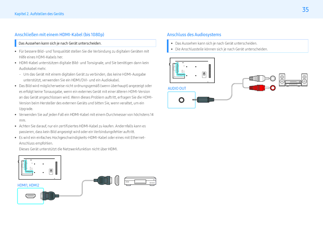 Samsung LH32PMFPBGC/EN, LH49PMFPBGC/EN manual Anschließen mit einem HDMI-Kabel bis 1080p, Anschluss des Audiosystems 