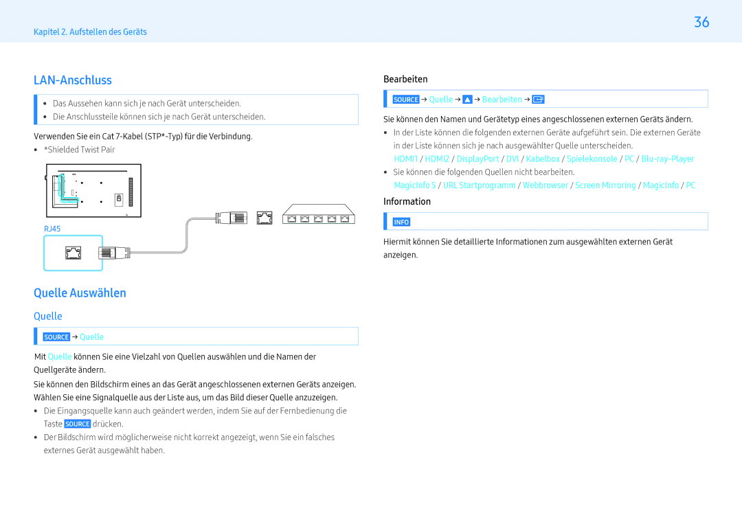 Samsung LH49PMFPBGC/EN, LH55PHFPMGC/EN, LH55PHFPBGC/EN manual LAN-Anschluss, Quelle Auswählen, Bearbeiten, Information 