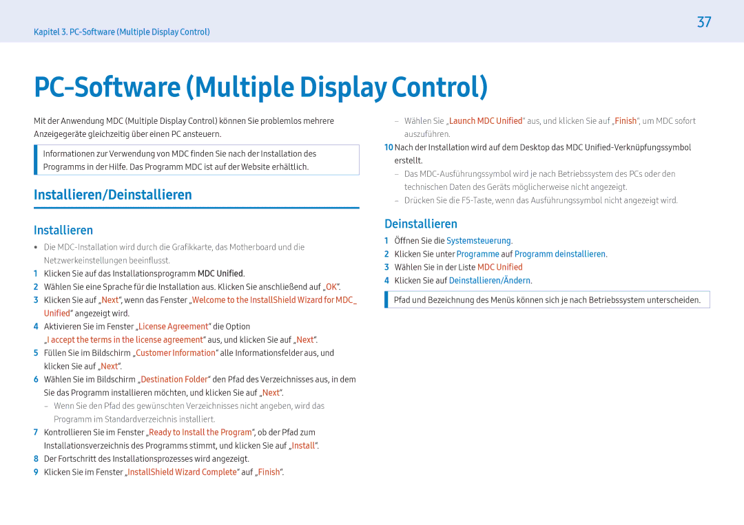 Samsung LH55PHFPMGC/EN, LH49PMFPBGC/EN, LH55PHFPBGC/EN PC-Software Multiple Display Control, Installieren/Deinstallieren 