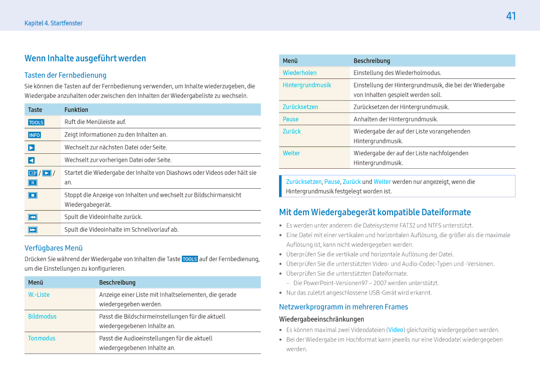 Samsung LH49PHFPBGC/EN Wenn Inhalte ausgeführt werden, Mit dem Wiedergabegerät kompatible Dateiformate, Verfügbares Menü 