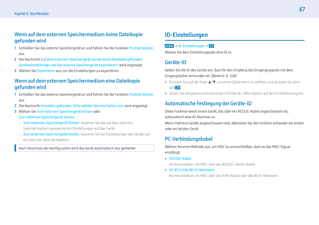 Samsung LH55PHFPBGC/EN, LH49PMFPBGC/EN ID-Einstellungen, Automatische Festlegung der Geräte-ID, PC-Verbindungskabel 