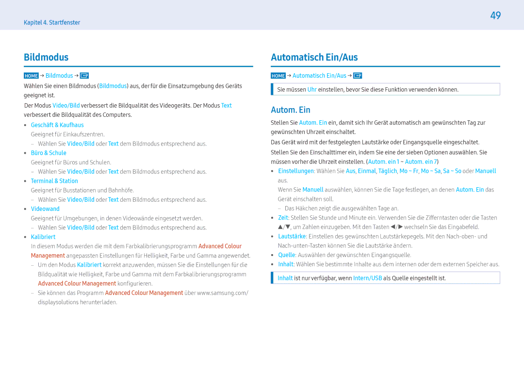 Samsung LH43PHFPMGC/EN, LH49PMFPBGC/EN, LH55PHFPMGC/EN, LH55PHFPBGC/EN manual Bildmodus, Automatisch Ein/Aus, Autom. Ein 