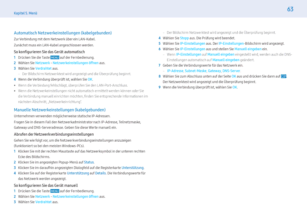 Samsung LH49PMFPBGC/EN manual Automatisch Netzwerkeinstellungen kabelgebunden, Manuelle Netzwerkeinstellungen kabelgebunden 