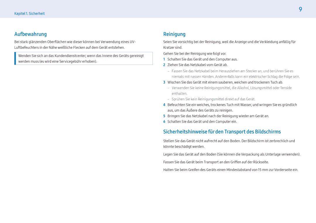 Samsung LH49PMFPBGC/EN, LH55PHFPMGC/EN manual Aufbewahrung, Reinigung, Sicherheitshinweise für den Transport des Bildschirms 