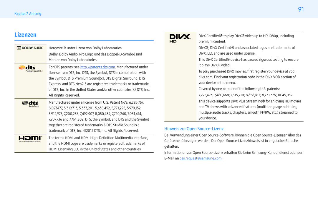 Samsung LH55PHFPMGC/EN, LH49PMFPBGC/EN, LH55PHFPBGC/EN, LH43PHFPBGC/EN manual Lizenzen, Hinweis zur Open Source-Lizenz 
