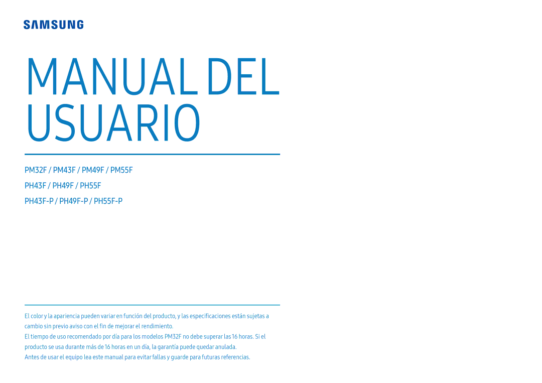 Samsung LH55PHFPMGC/EN, LH49PMFPBGC/EN, LH55PHFPBGC/EN, LH43PHFPBGC/EN, LH43PHFPMGC/EN manual Manual DEL Usuario 