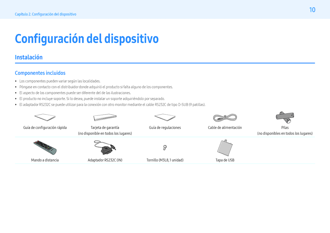 Samsung LH55PHFPMGC/EN, LH49PMFPBGC/EN, LH55PHFPBGC/EN Configuración del dispositivo, Instalación, Componentes incluidos 