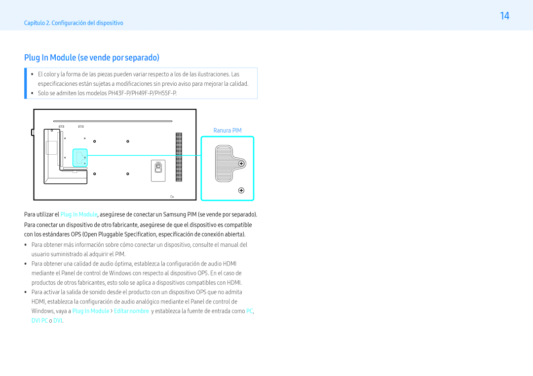 Samsung LH49PHFPBGC/EN manual Plug In Module se vende por separado, Solo se admiten los modelos PH43F-P/PH49F-P/PH55F-P 