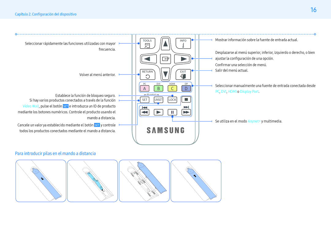 Samsung LH43PMFPBGC/EN, LH49PMFPBGC/EN manual Para introducir pilas en el mando a distancia, Volver al menú anterior 