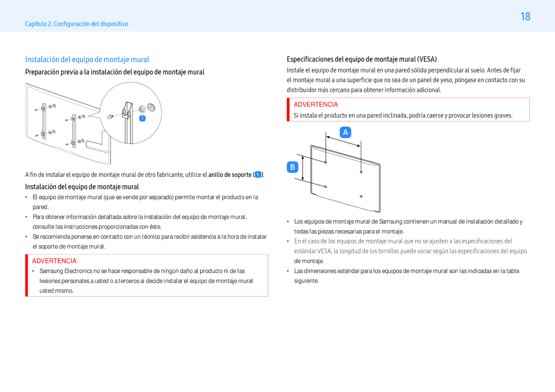 Samsung LH49PMFPBGC/EN manual Instalación del equipo de montaje mural, Especificacones del equipo de montaje mural Vesa 