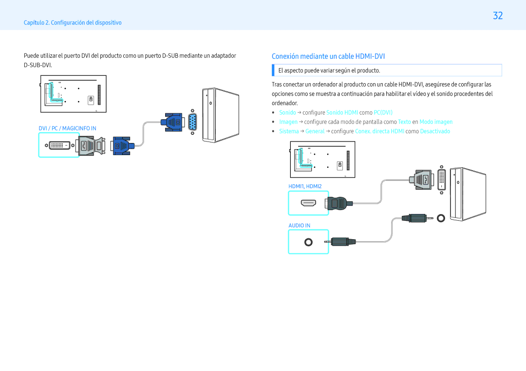 Samsung LH49PHFPBGC/EN, LH49PMFPBGC/EN Conexión mediante un cable HDMI-DVI,  Sonido → configure Sonido Hdmi como Pcdvi 