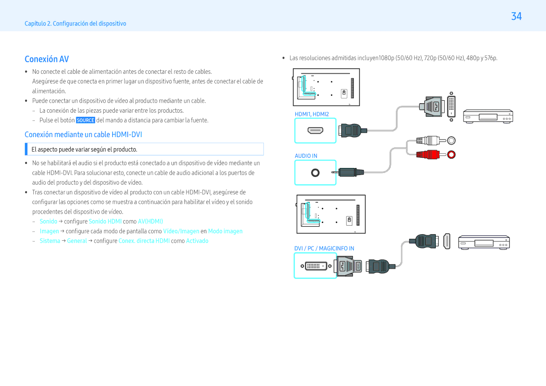 Samsung LH43PMFPBGC/EN, LH49PMFPBGC/EN, LH55PHFPMGC/EN manual Conexión AV, ‒‒ Sonido → configure Sonido Hdmi como Avhdmi 