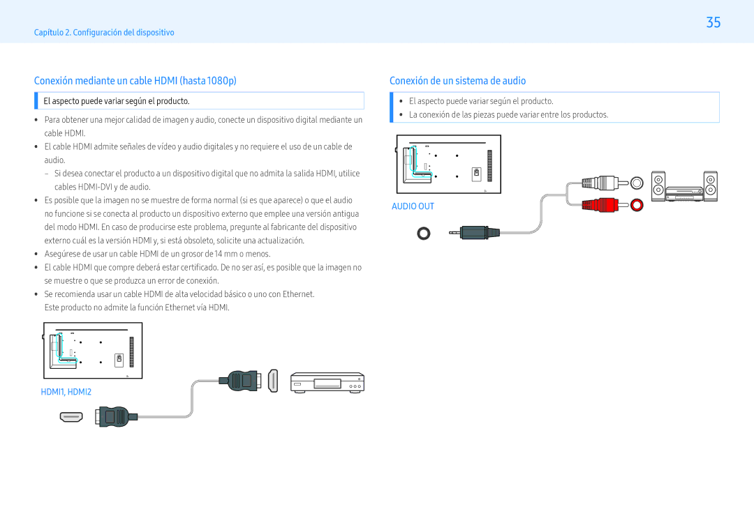 Samsung LH32PMFPBGC/EN, LH49PMFPBGC/EN manual Conexión mediante un cable Hdmi hasta 1080p, Conexión de un sistema de audio 