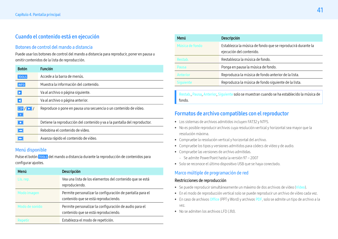 Samsung LH49PHFPBGC/EN manual Cuando el contenido está en ejecución, Formatos de archivo compatibles con el reproductor 