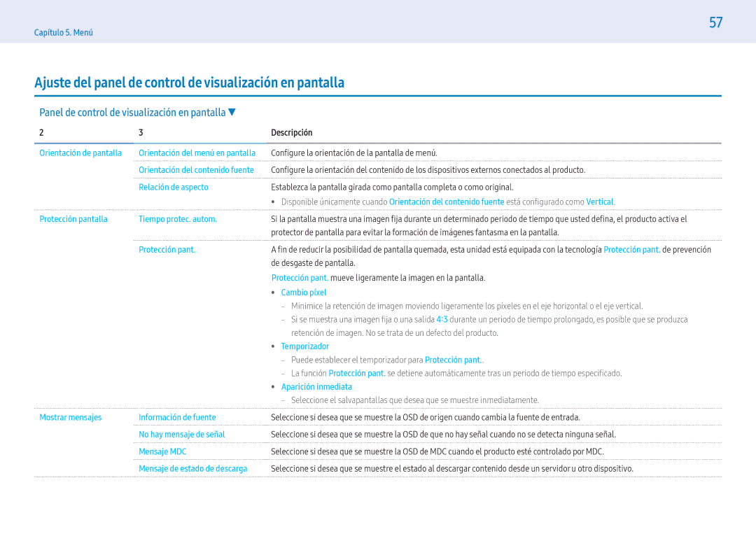 Samsung LH43PHFPBGC/EN, LH49PMFPBGC/EN, LH55PHFPMGC/EN manual Ajuste del panel de control de visualización en pantalla 