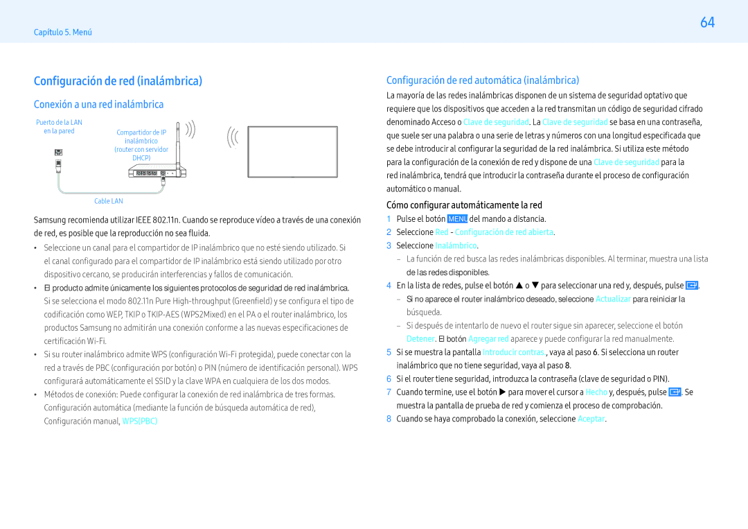 Samsung LH55PHFPMGC/EN, LH49PMFPBGC/EN, LH55PHFPBGC/EN Configuración de red inalámbrica, Conexión a una red inalámbrica 