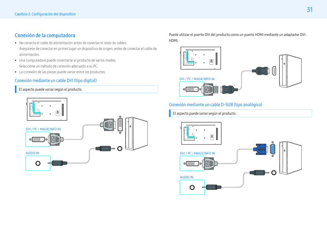 Samsung LH55PHFPMGC/EN, LH49PMFPBGC/EN manual Conexión de la computadora, Conexión mediante un cable DVI tipo digital 