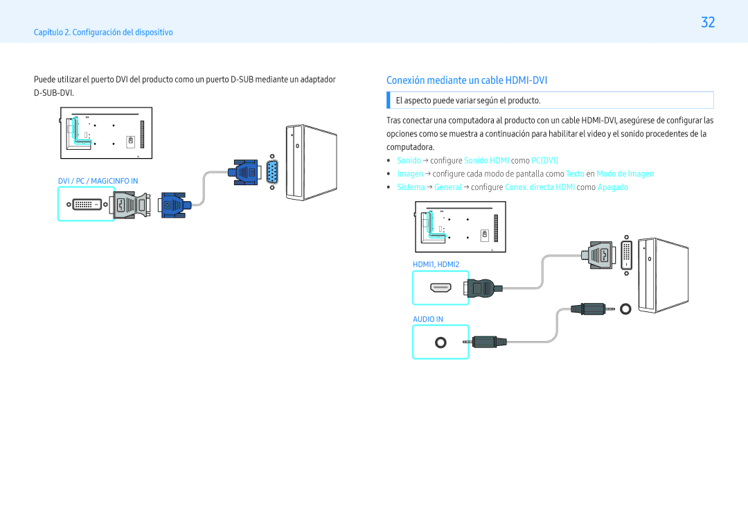 Samsung LH55PHFPBGC/EN, LH49PMFPBGC/EN Conexión mediante un cable HDMI-DVI,  Sonido → configure Sonido Hdmi como Pcdvi 