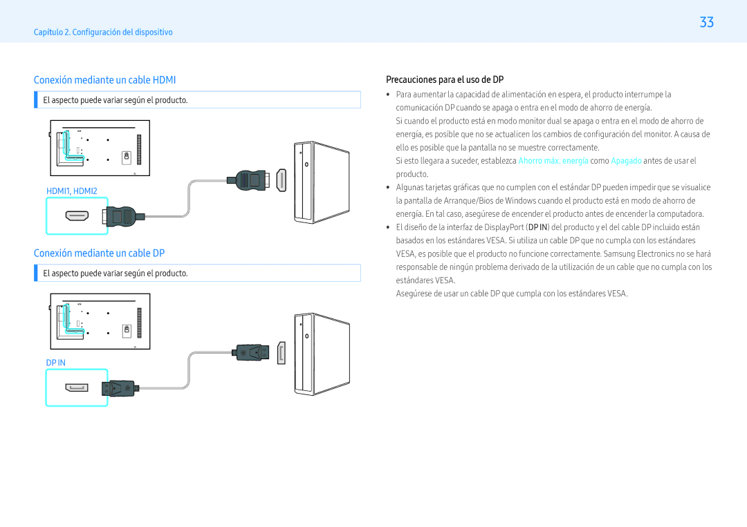 Samsung LH43PHFPBGC/EN Conexión mediante un cable Hdmi, Conexión mediante un cable DP, Precauciones para el uso de DP 