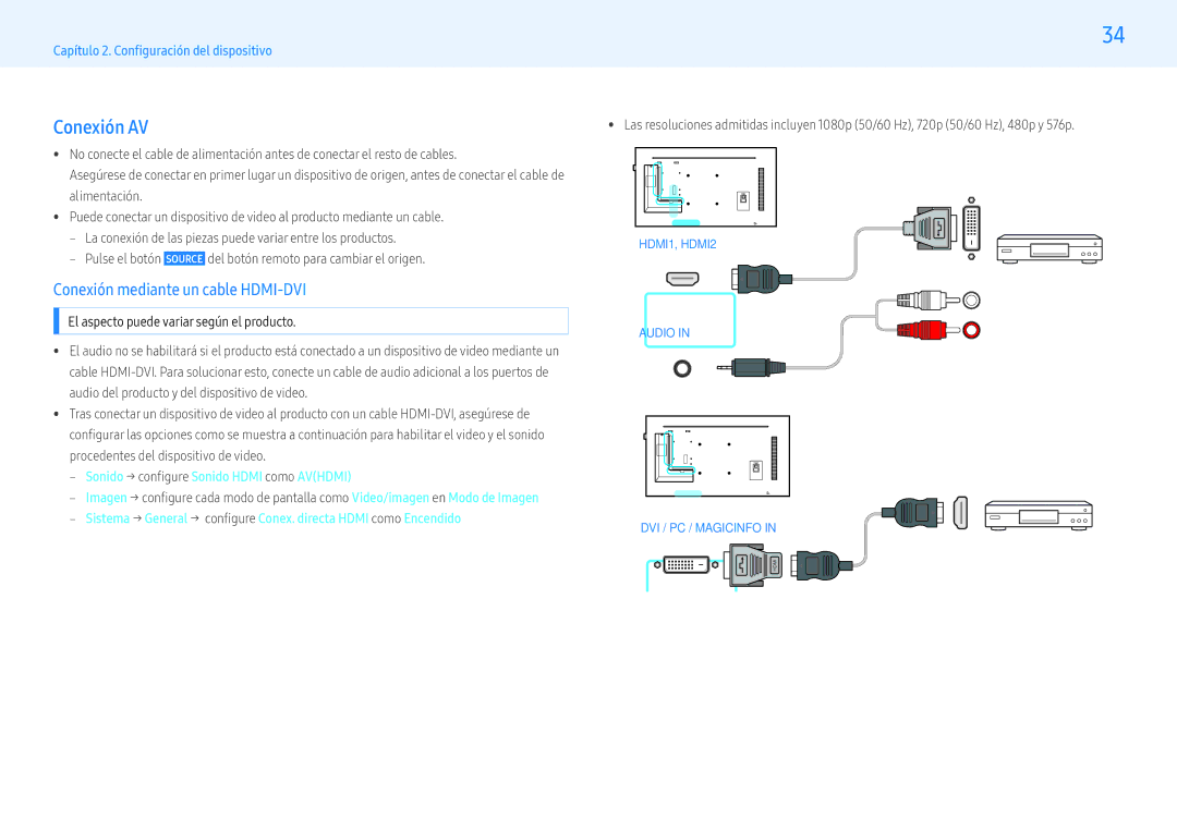 Samsung LH43PHFPMGC/EN, LH49PMFPBGC/EN, LH55PHFPMGC/EN manual Conexión AV, ‒‒ Sonido → configure Sonido Hdmi como Avhdmi 