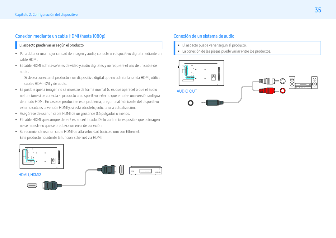 Samsung LH49PHFPBGC/EN, LH49PMFPBGC/EN manual Conexión mediante un cable Hdmi hasta 1080p, Conexión de un sistema de audio 