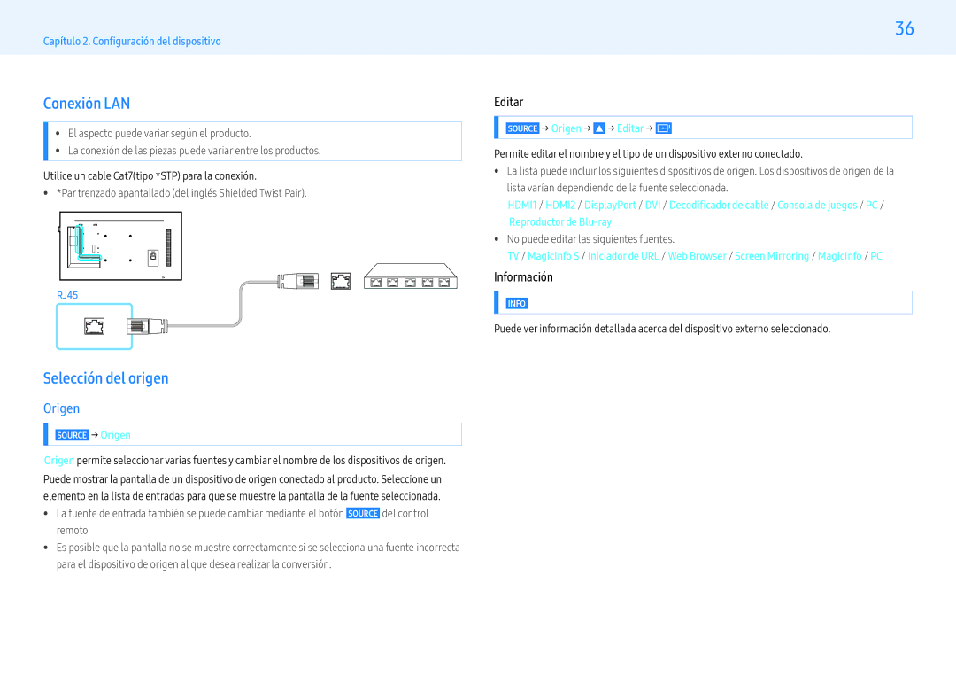 Samsung LH49PHFPMGC/EN, LH49PMFPBGC/EN, LH55PHFPMGC/EN manual Conexión LAN, Selección del origen, Origen, Editar, Información 