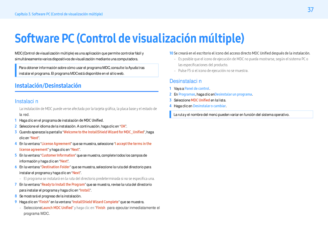 Samsung LH55PMFPBGC/EN, LH49PMFPBGC/EN manual Software PC Control de visualización múltiple, Instalación/Desinstalación 