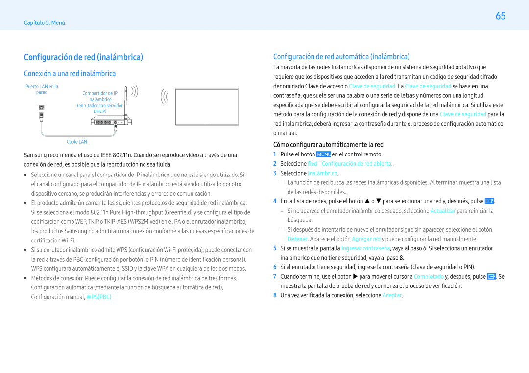 Samsung LH49PHFPBGC/EN manual Configuración de red inalámbrica, Conexión a una red inalámbrica, Seleccione Inalámbrico 