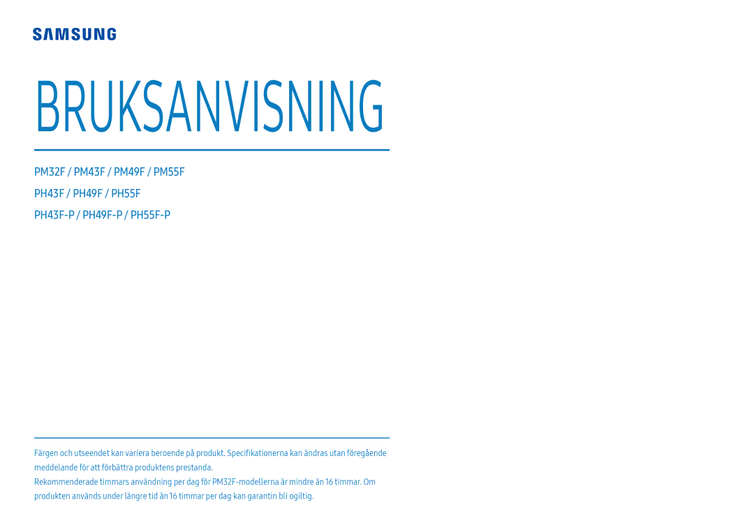 Samsung LH55PHFPMGC/EN, LH49PMFPBGC/EN, LH55PHFPBGC/EN, LH43PHFPBGC/EN, LH43PHFPMGC/EN, LH49PHFPBGC/EN manual Bruksanvisning 