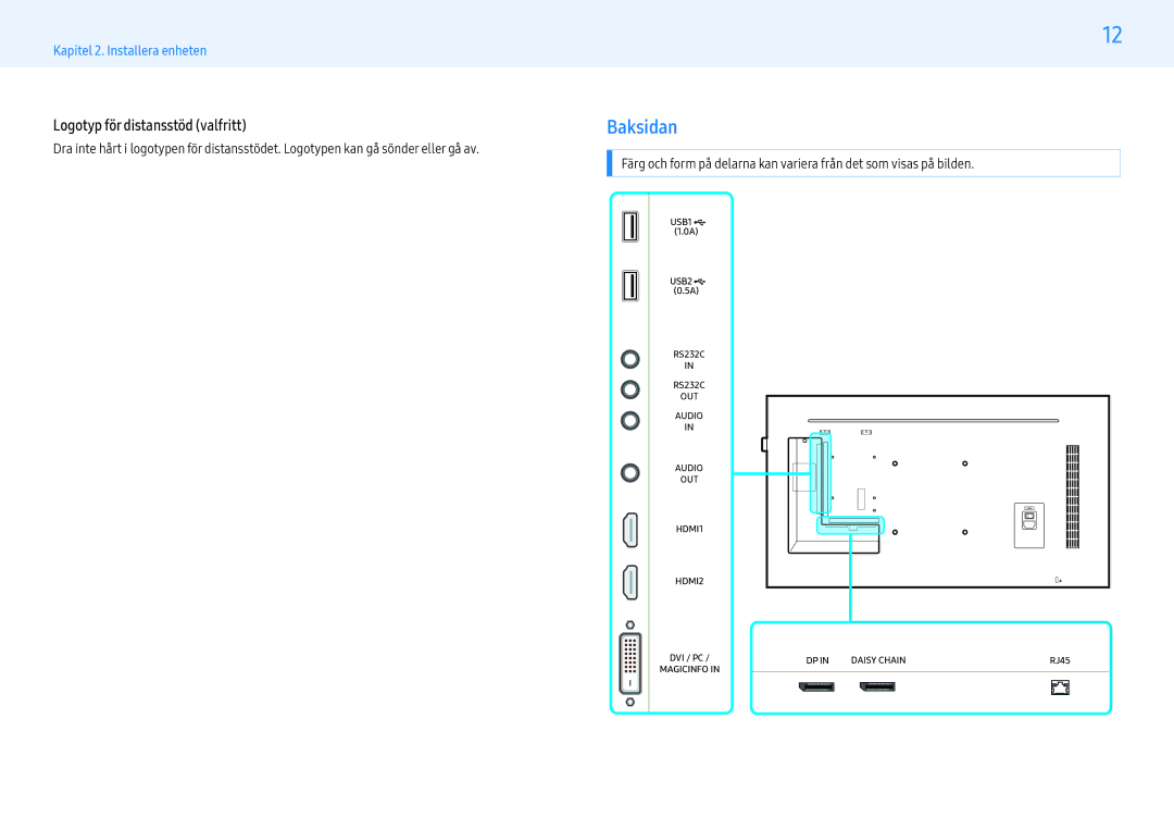 Samsung LH43PHFPBGC/EN, LH49PMFPBGC/EN, LH55PHFPMGC/EN, LH55PHFPBGC/EN manual Baksidan, Logotyp för distansstöd valfritt 