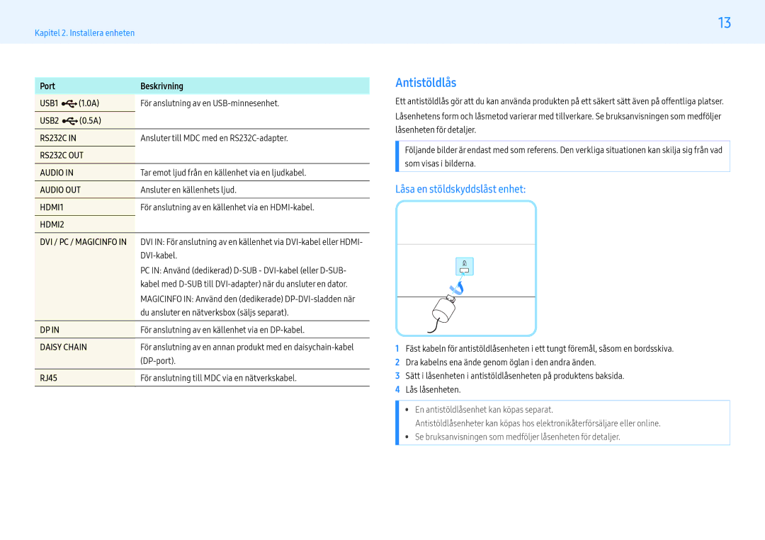 Samsung LH43PHFPMGC/EN, LH49PMFPBGC/EN, LH55PHFPMGC/EN, LH55PHFPBGC/EN manual Antistöldlås, Låsa en stöldskyddslåst enhet 