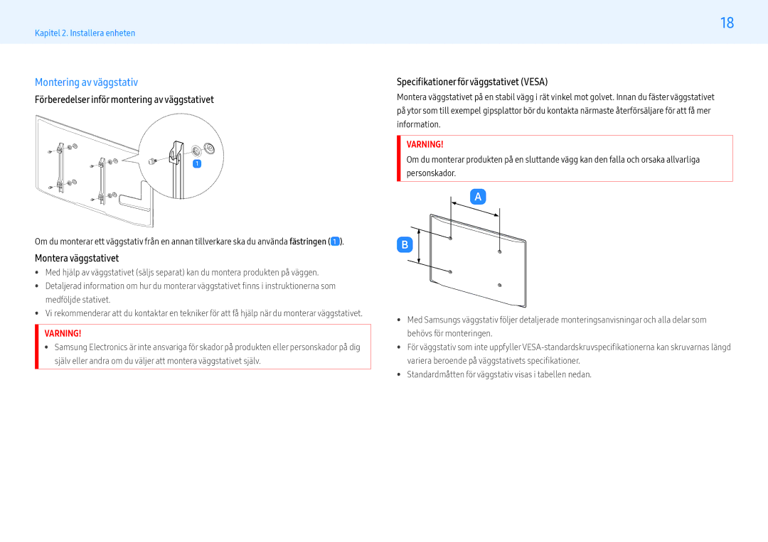 Samsung LH49PMFPBGC/EN manual Montering av väggstativ, Förberedelser inför montering av väggstativet, Montera väggstativet 