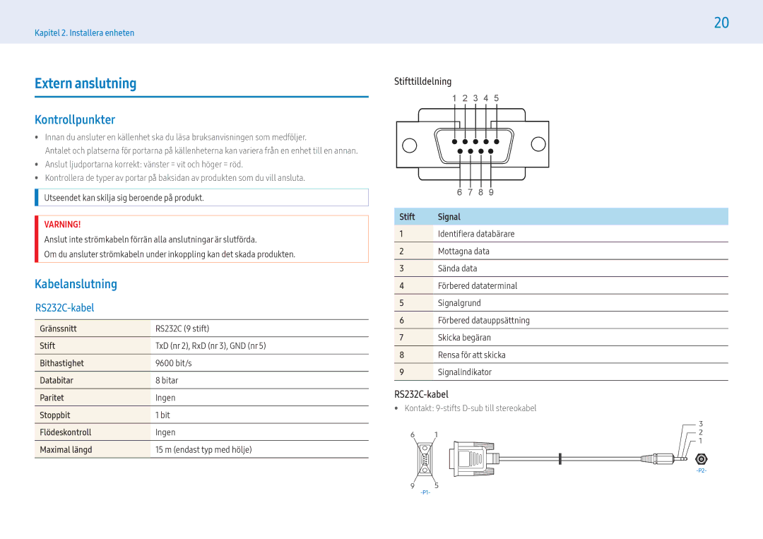 Samsung LH55PHFPBGC/EN, LH49PMFPBGC/EN Extern anslutning, Kontrollpunkter, Stifttilldelning, RS232C-kabel, Stift Signal 