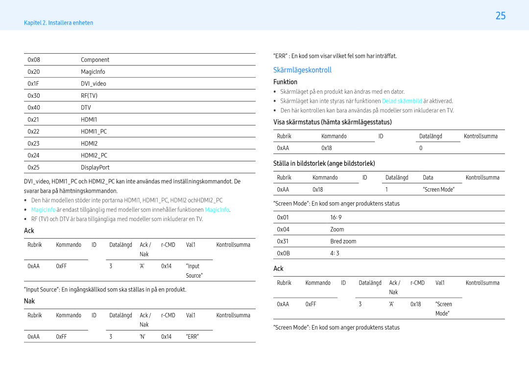 Samsung LH43PMFPBGC/EN Skärmlägeskontroll, Visa skärmstatus hämta skärmlägesstatus, Ställa in bildstorlek ange bildstorlek 