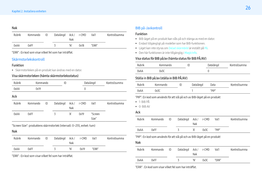 Samsung LH32PMFPBGC/EN manual Skärmstorlekskontroll, BIB på-/avkontroll, Visa skärmstorleken hämta skärmstorleksstatus 