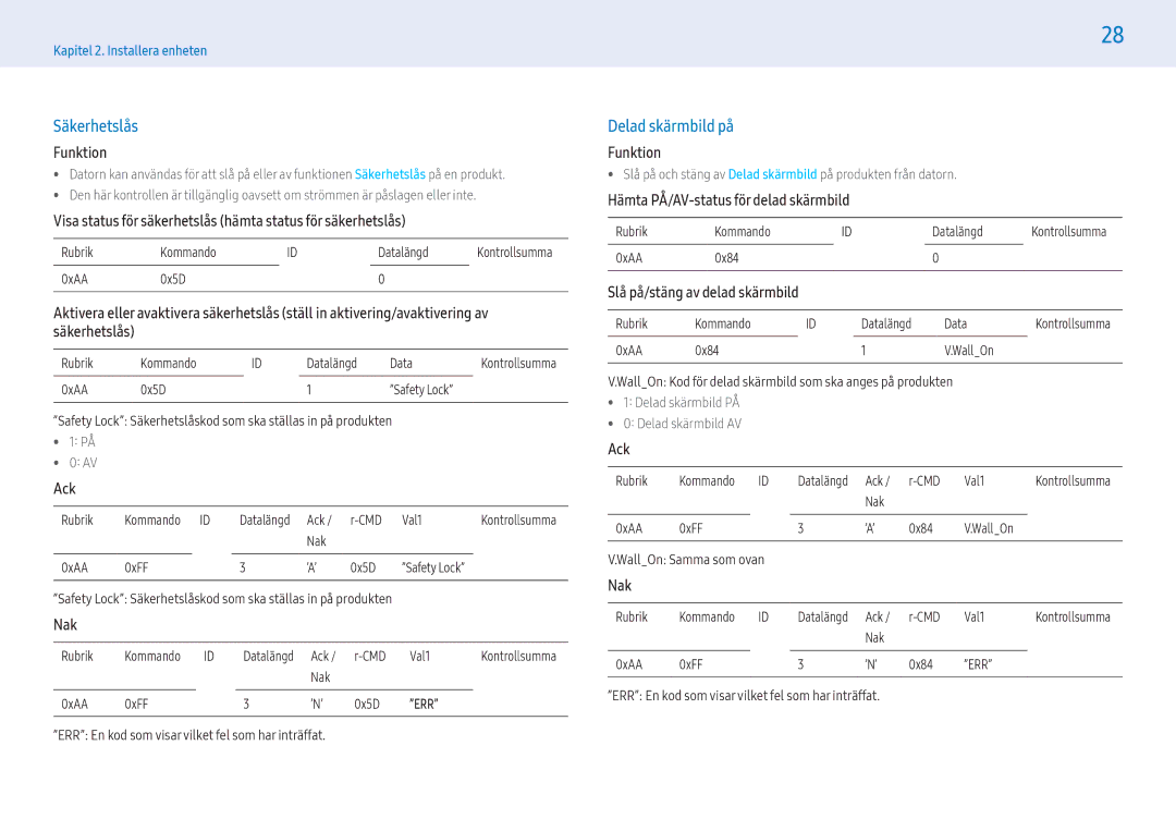 Samsung LH55PHFPMGC/EN manual Säkerhetslås, Delad skärmbild på, Visa status för säkerhetslås hämta status för säkerhetslås 