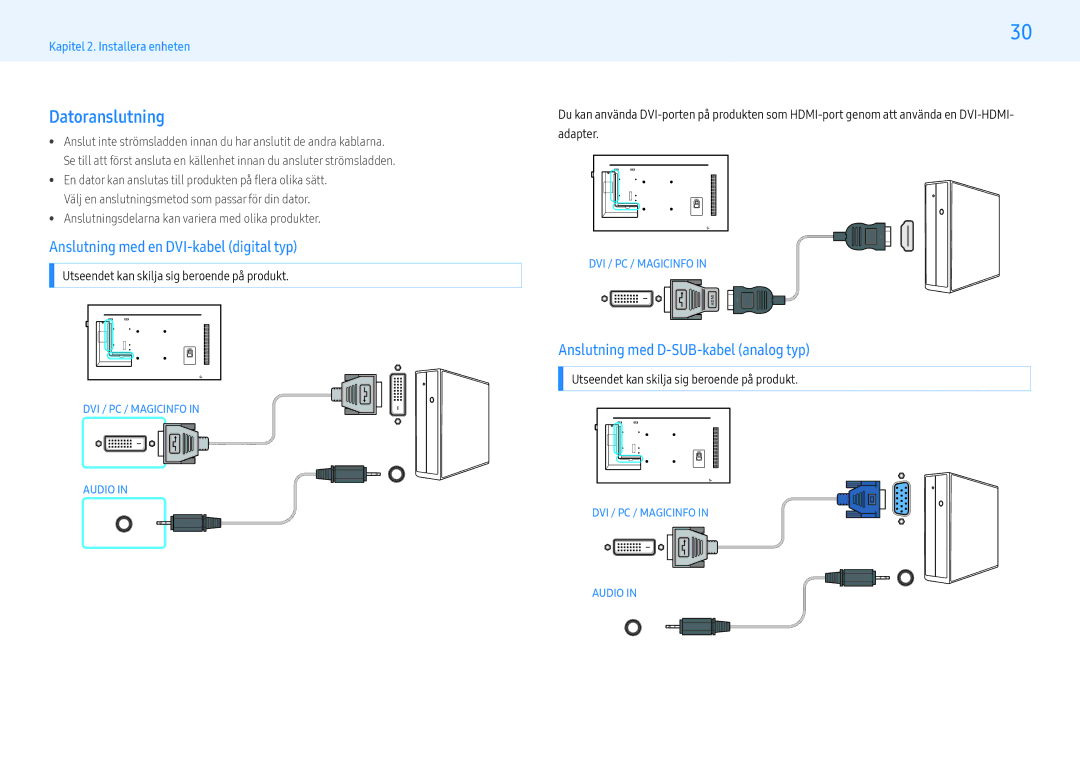 Samsung LH43PHFPBGC/EN Datoranslutning, Anslutning med en DVI-kabel digital typ, Anslutning med D-SUB-kabel analog typ 