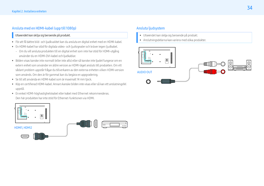 Samsung LH43PMFPBGC/EN, LH49PMFPBGC/EN, LH55PHFPMGC/EN manual Ansluta med en HDMI-kabel upp till 1080p, Ansluta ljudsystem 