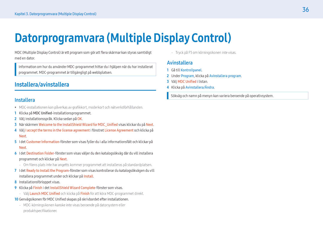 Samsung LH49PMFPBGC/EN, LH55PHFPMGC/EN Datorprogramvara Multiple Display Control, Installera/avinstallera, Avinstallera 