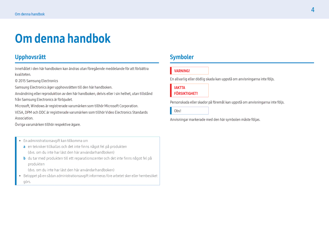 Samsung LH43PHFPMGC/EN, LH49PMFPBGC/EN Om denna handbok, Upphovsrätt, Symboler, En administrationsavgift kan tillkomma om 