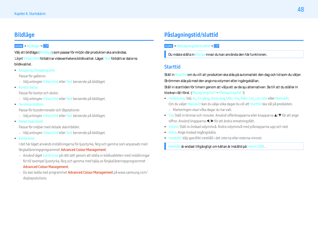 Samsung LH43PHFPBGC/EN, LH49PMFPBGC/EN, LH55PHFPMGC/EN, LH55PHFPBGC/EN manual Bildläge, Påslagningstid/sluttid, Starttid 