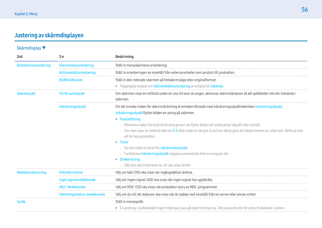 Samsung LH55PHFPBGC/EN manual Justering av skärmdisplayen, Skärmdisplay, Skärmskydd Tid för autoskydd, Timer, Direktvisning 