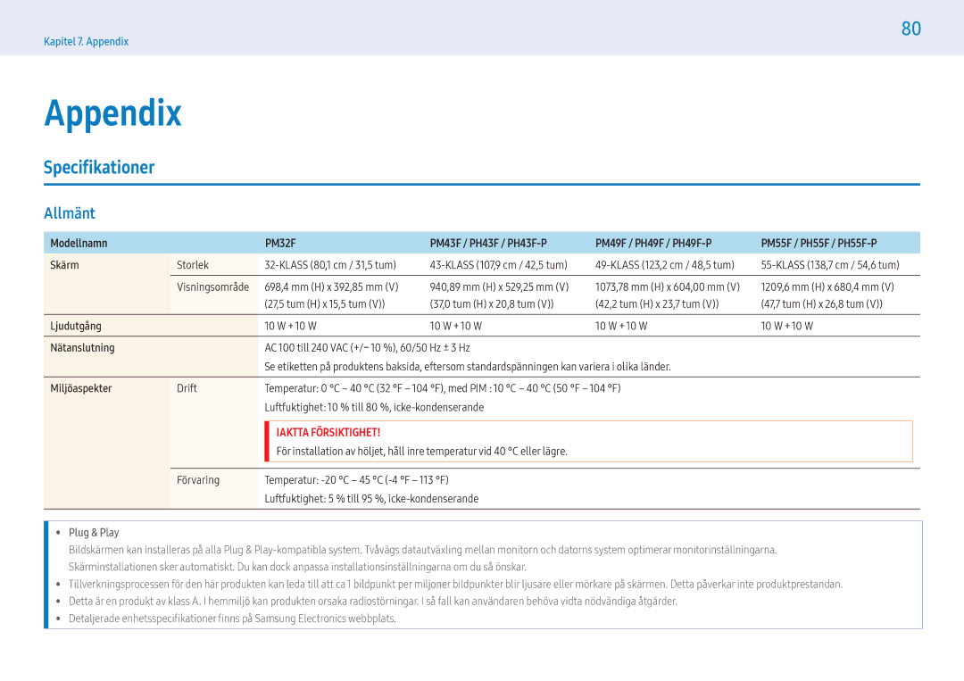 Samsung LH32PMFPBGC/EN, LH49PMFPBGC/EN, LH55PHFPMGC/EN, LH55PHFPBGC/EN, LH43PHFPBGC/EN Appendix, Specifikationer, Allmänt 