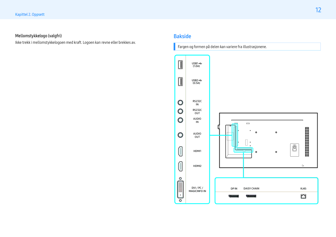 Samsung LH43PHFPBGC/EN, LH49PMFPBGC/EN, LH55PHFPMGC/EN, LH55PHFPBGC/EN, LH43PHFPMGC/EN manual Bakside, Mellomstykkelogo valgfri 