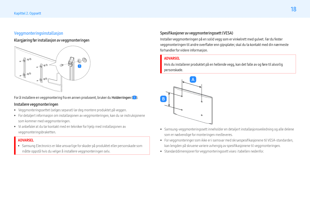 Samsung LH49PMFPBGC/EN, LH55PHFPMGC/EN manual Veggmonteringsinstallasjon, Klargjøring før installasjon av veggmonteringen 