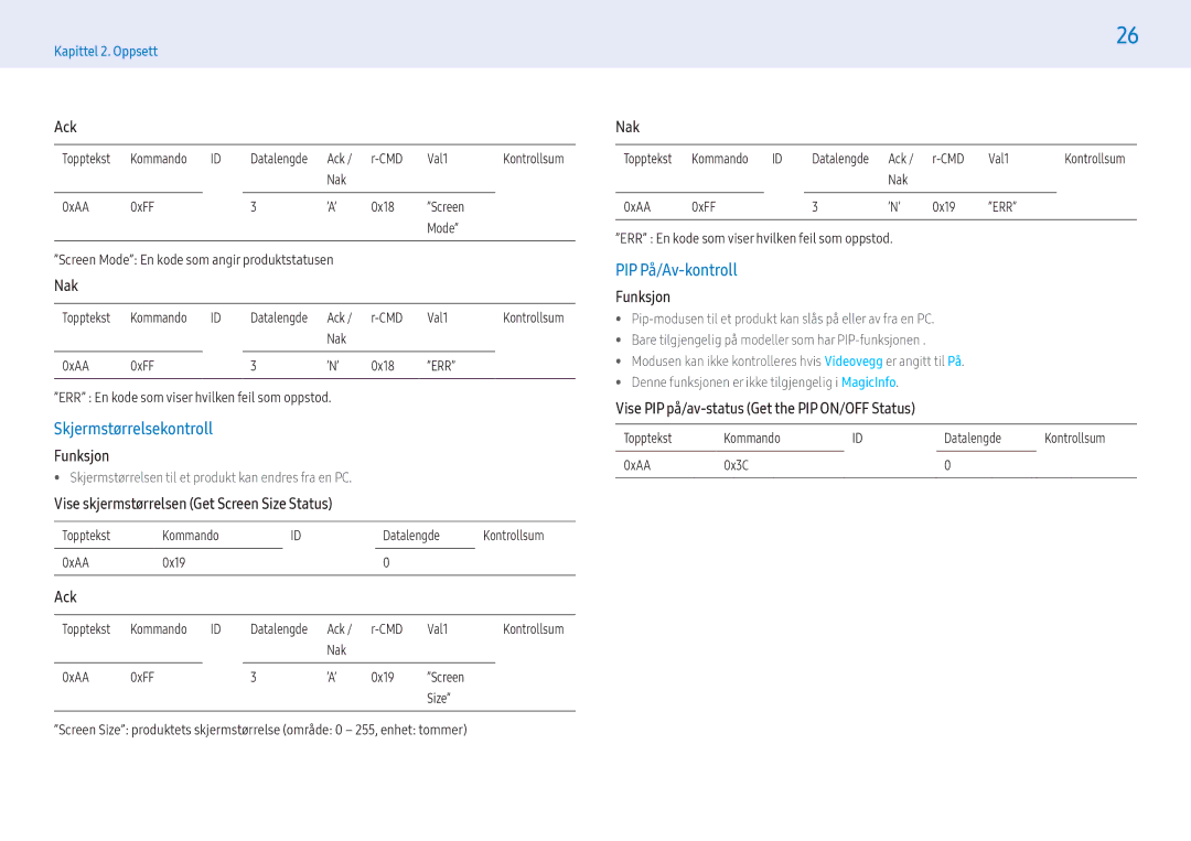 Samsung LH32PMFPBGC/EN manual Skjermstørrelsekontroll, PIP På/Av-kontroll, Vise skjermstørrelsen Get Screen Size Status 