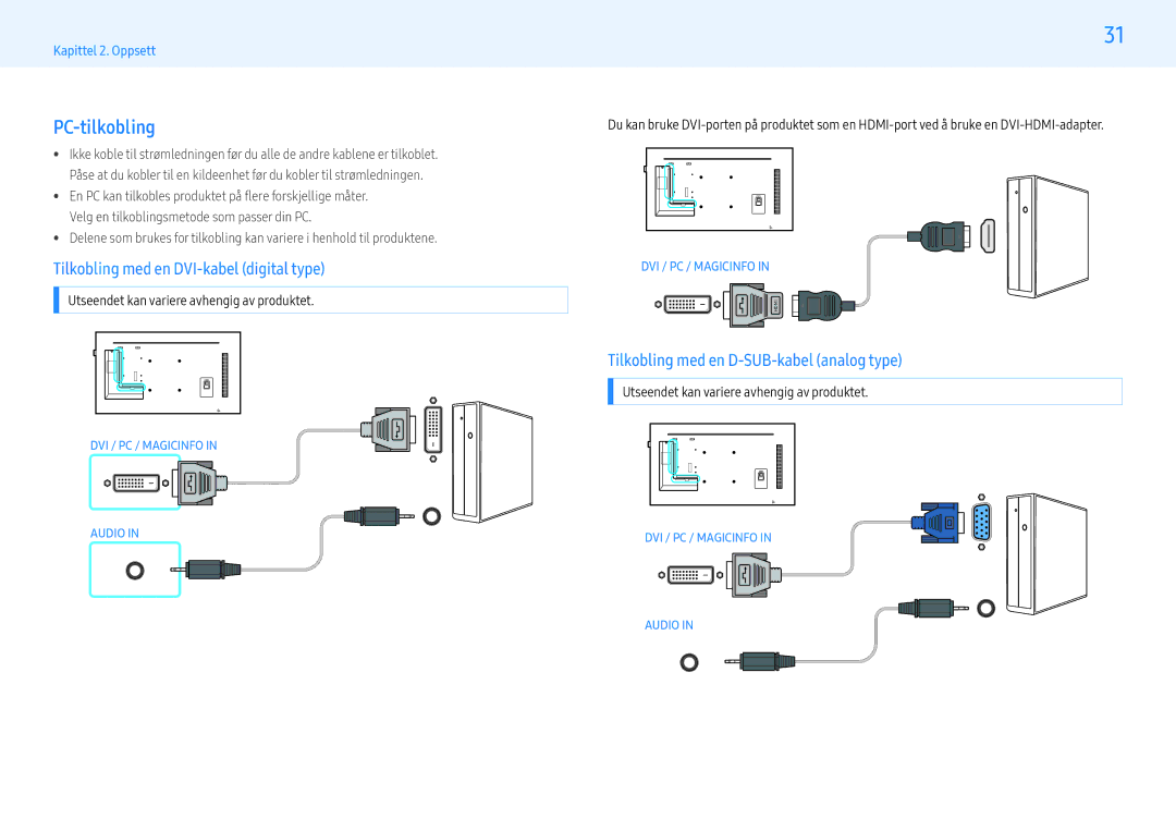 Samsung LH43PHFPMGC/EN PC-tilkobling, Tilkobling med en DVI-kabel digital type, Tilkobling med en D-SUB-kabel analog type 