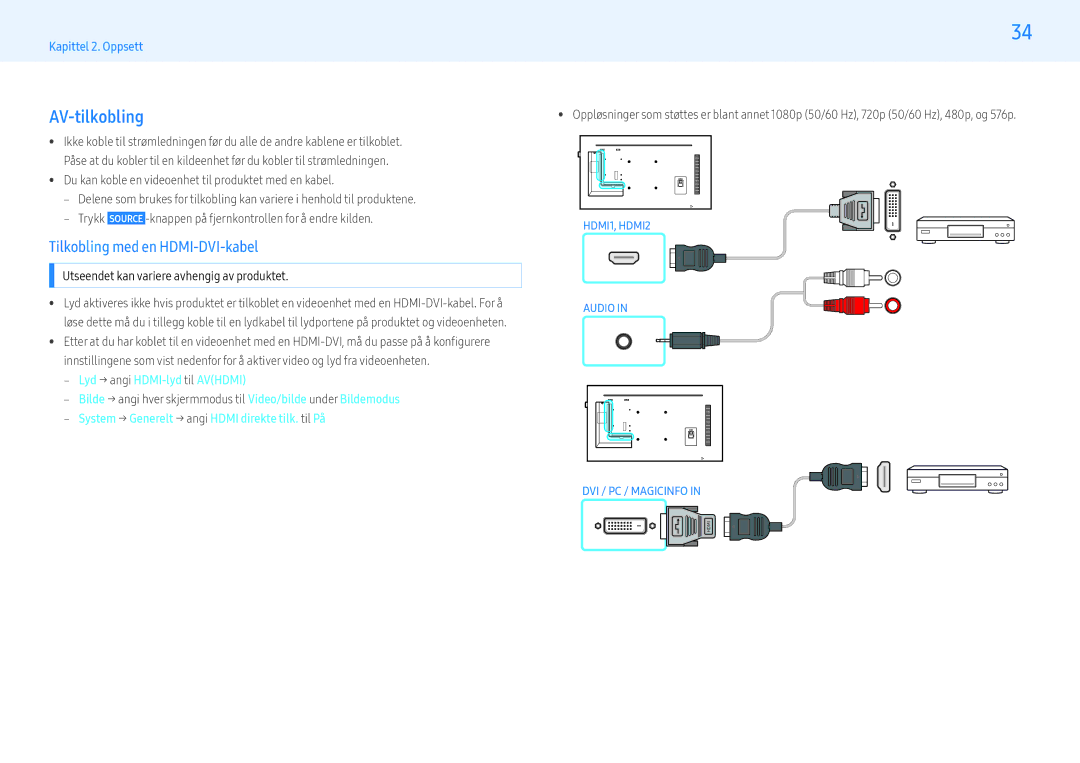 Samsung LH43PMFPBGC/EN, LH49PMFPBGC/EN, LH55PHFPMGC/EN, LH55PHFPBGC/EN manual AV-tilkobling, ‒‒ Lyd → angi HDMI-lyd til Avhdmi 